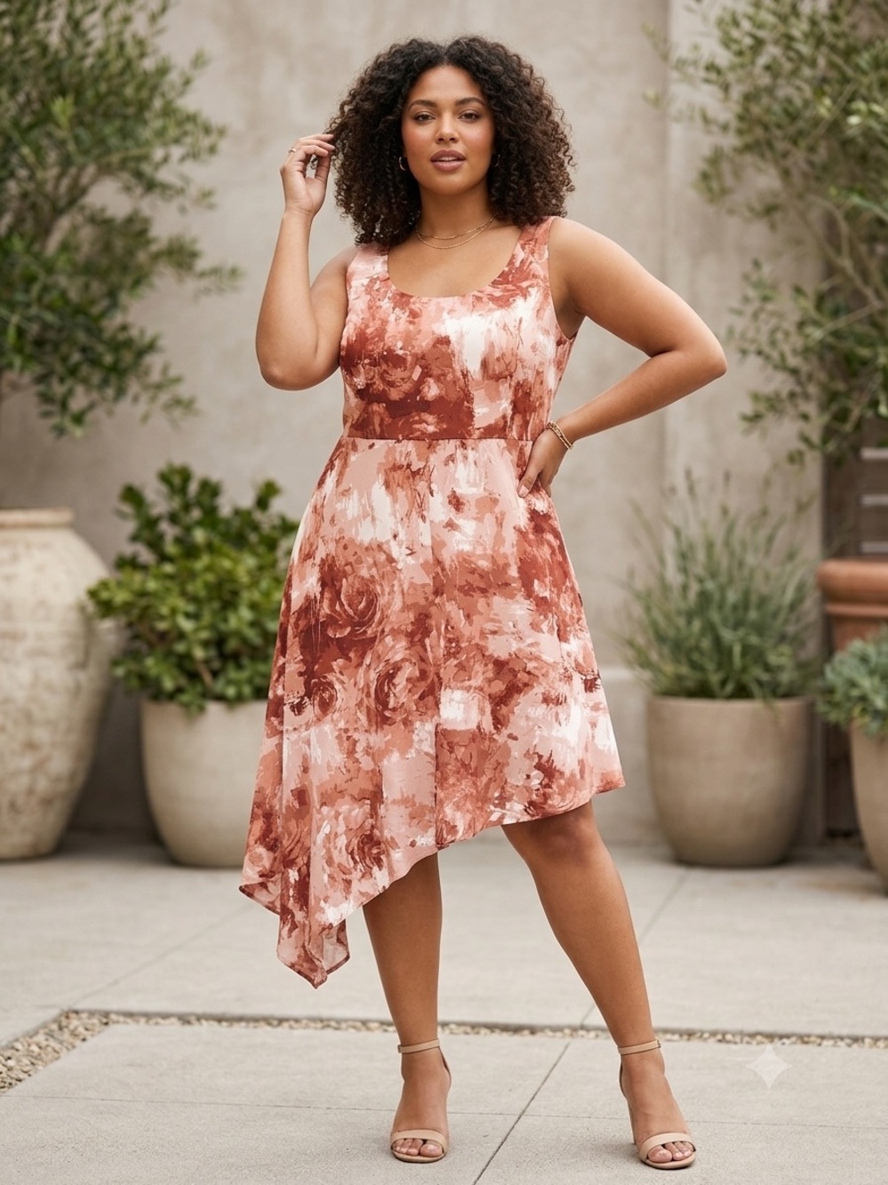 ME Makeover Essentials Rust and‎ Blush Floral Asymmetrical Hem Dress